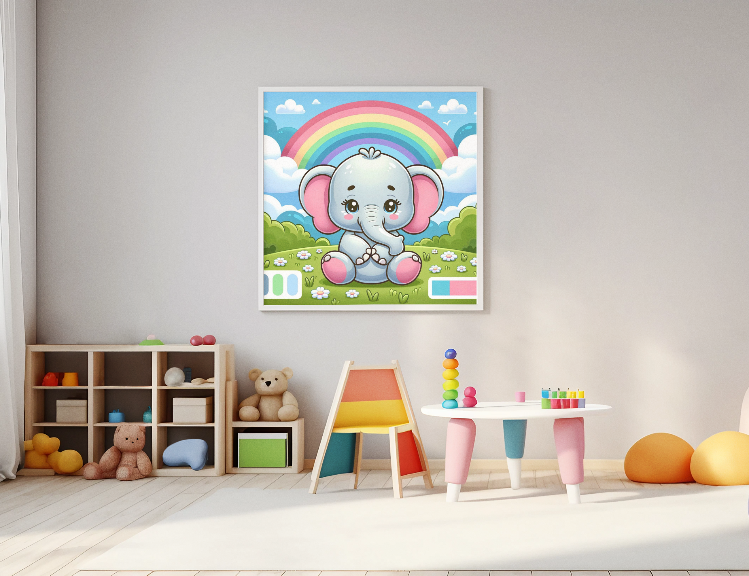 Adorable elephant canvas poster for nursery room decor.