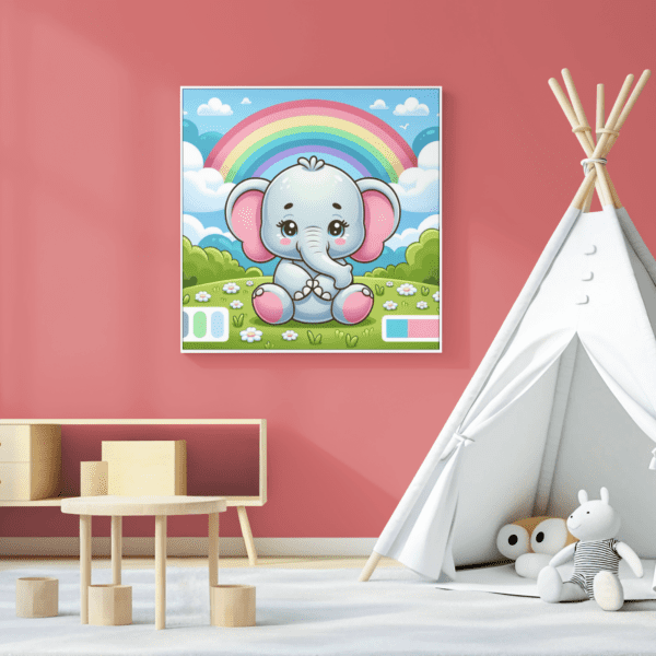 Cute elephant nursery decor wall art with a rainbow.