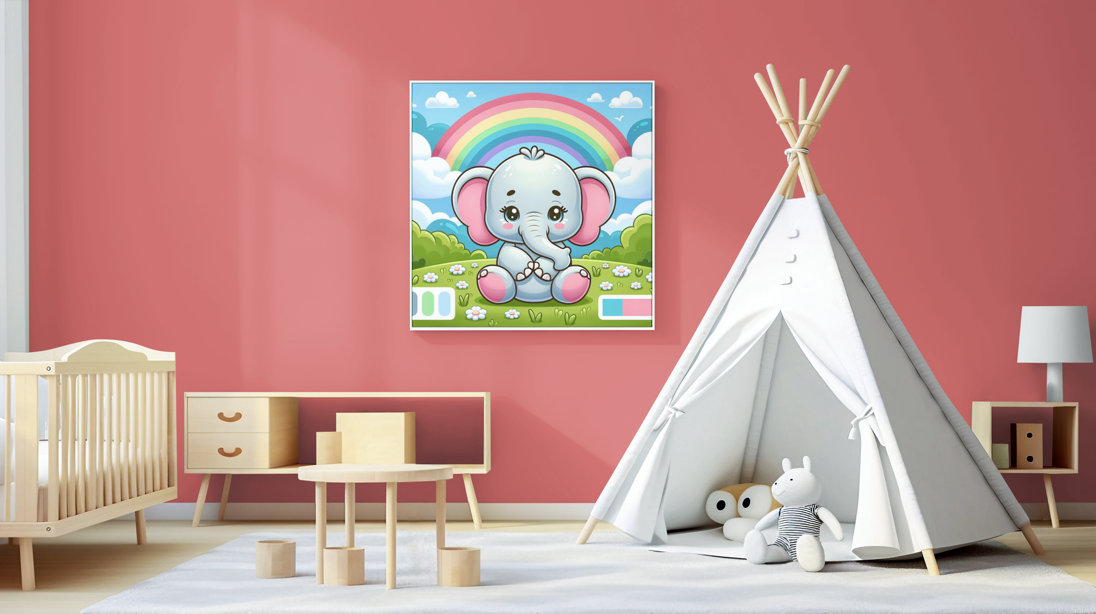 Cute elephant nursery decor wall art with a rainbow.