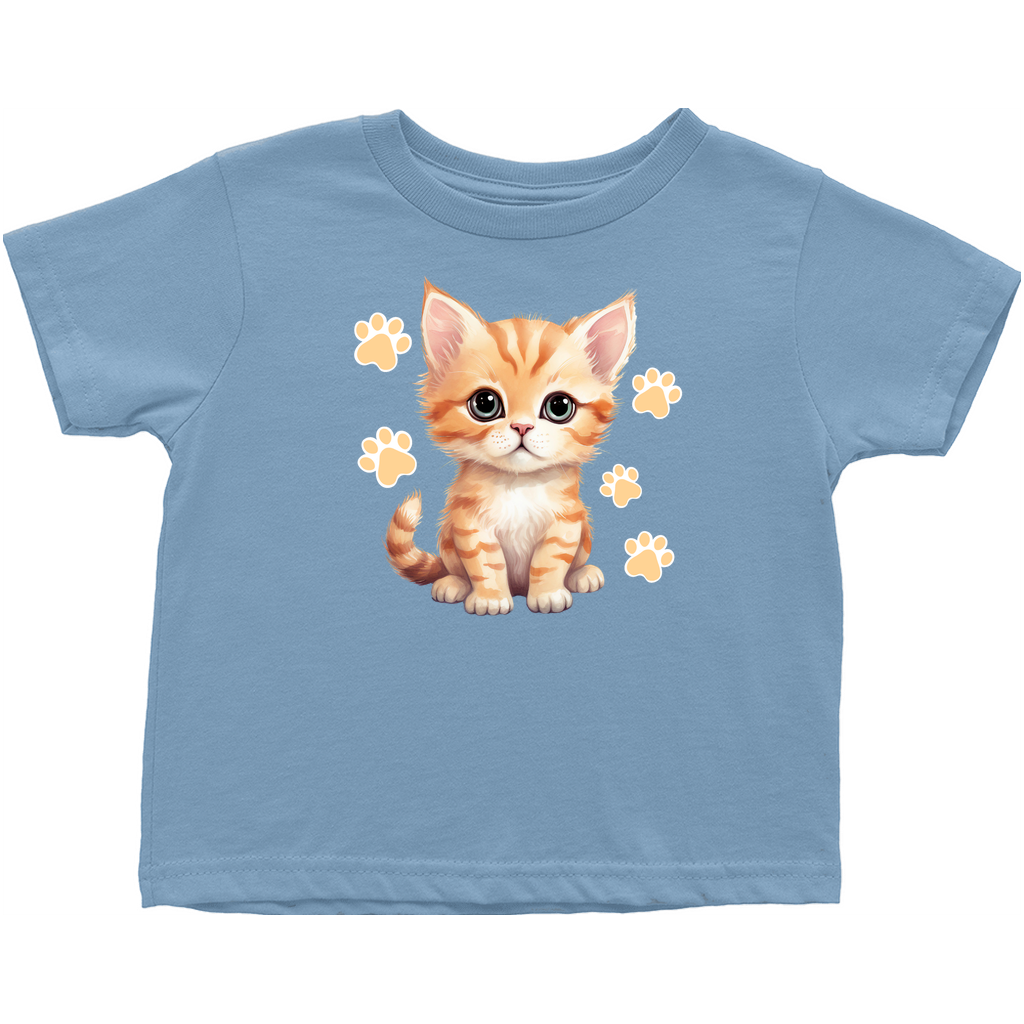 Light blue toddler t-shirt with a kitten graphic surrounded by flowers.