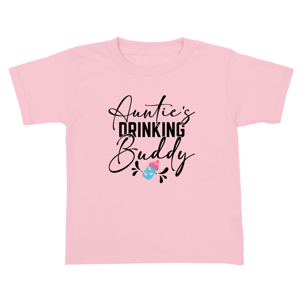 Pink tee with 'Aunties Drinking Buddy'