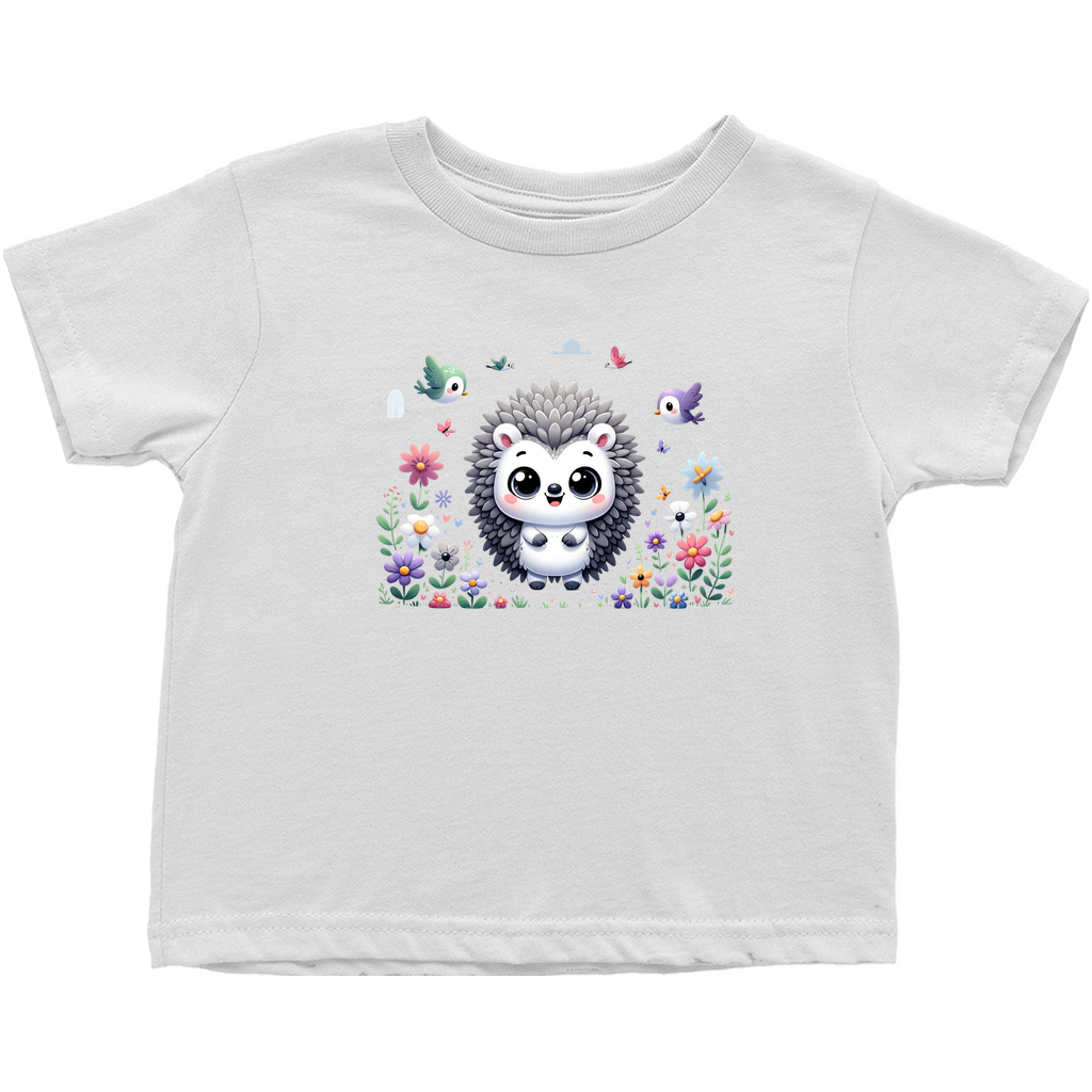 White graphic tee for toddler with a playful hedgehog among flowers.