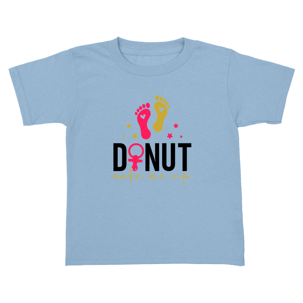 Blue toddler tee with quote "Donut Makes Me Up"