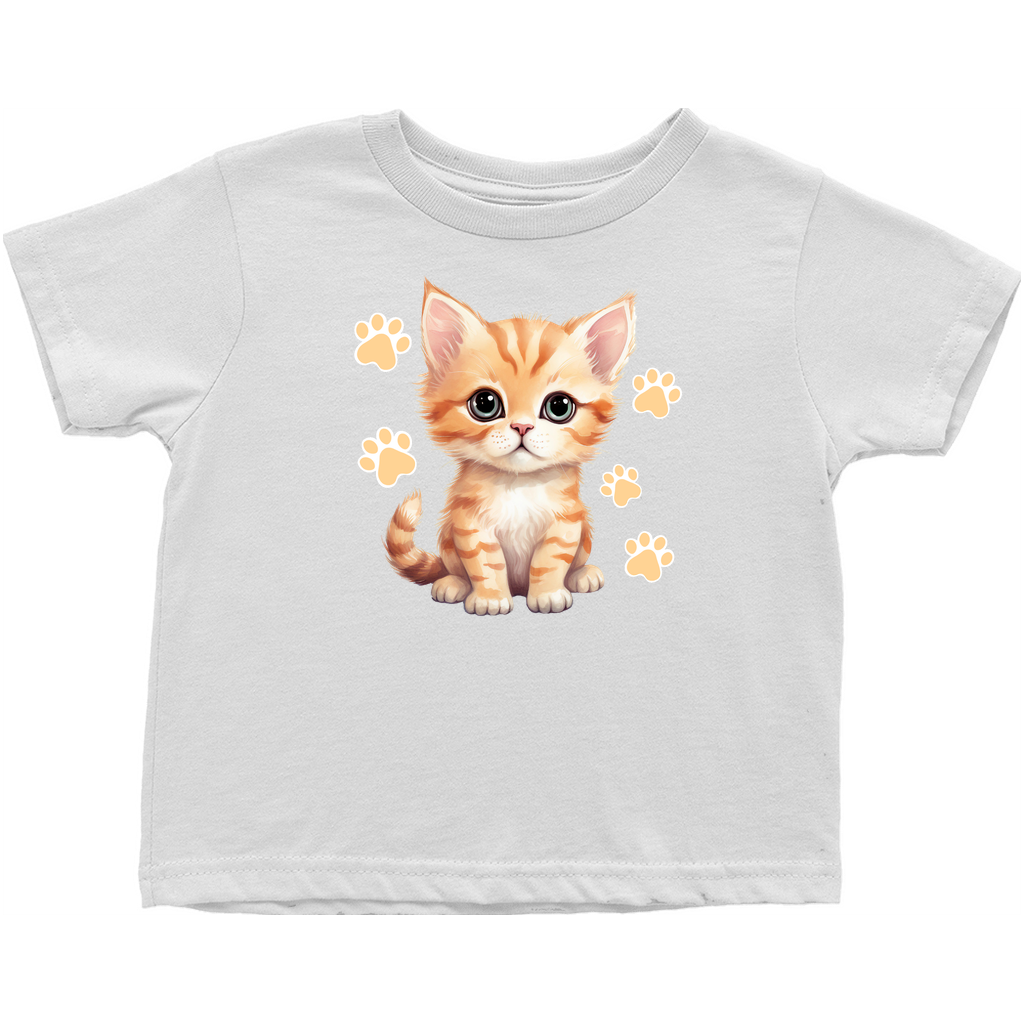 White toddler t-shirt with a cute cat sitting amongst paw prints and yellow flowers.