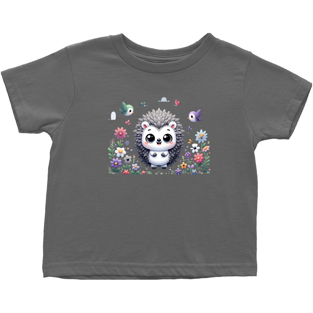 Charcoal graphic tee for toddlers with a detailed hedgehog graphic and colorful flowers.