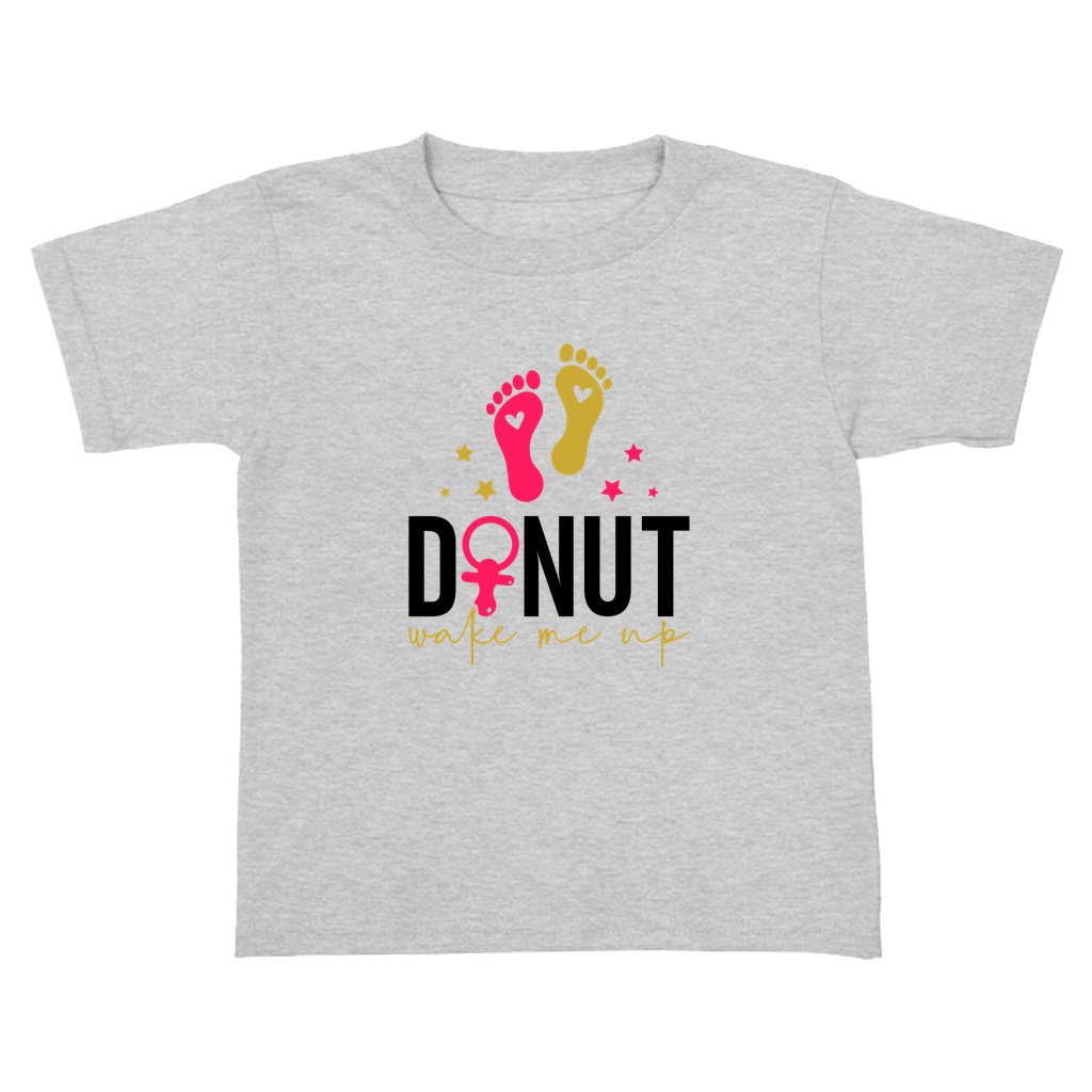 Grey toddler tee with 'Donut Makes Me Up' quote