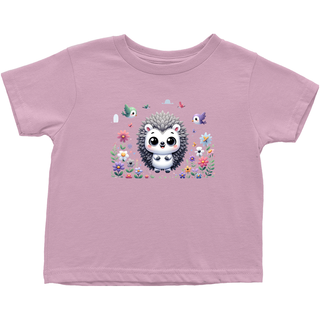 Pink toddler t-shirt with a cute hedgehog and floral design.