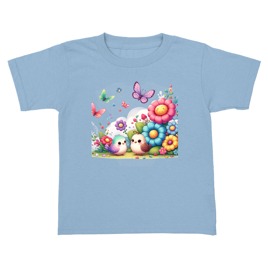 Blue toddler tee with lively nature theme