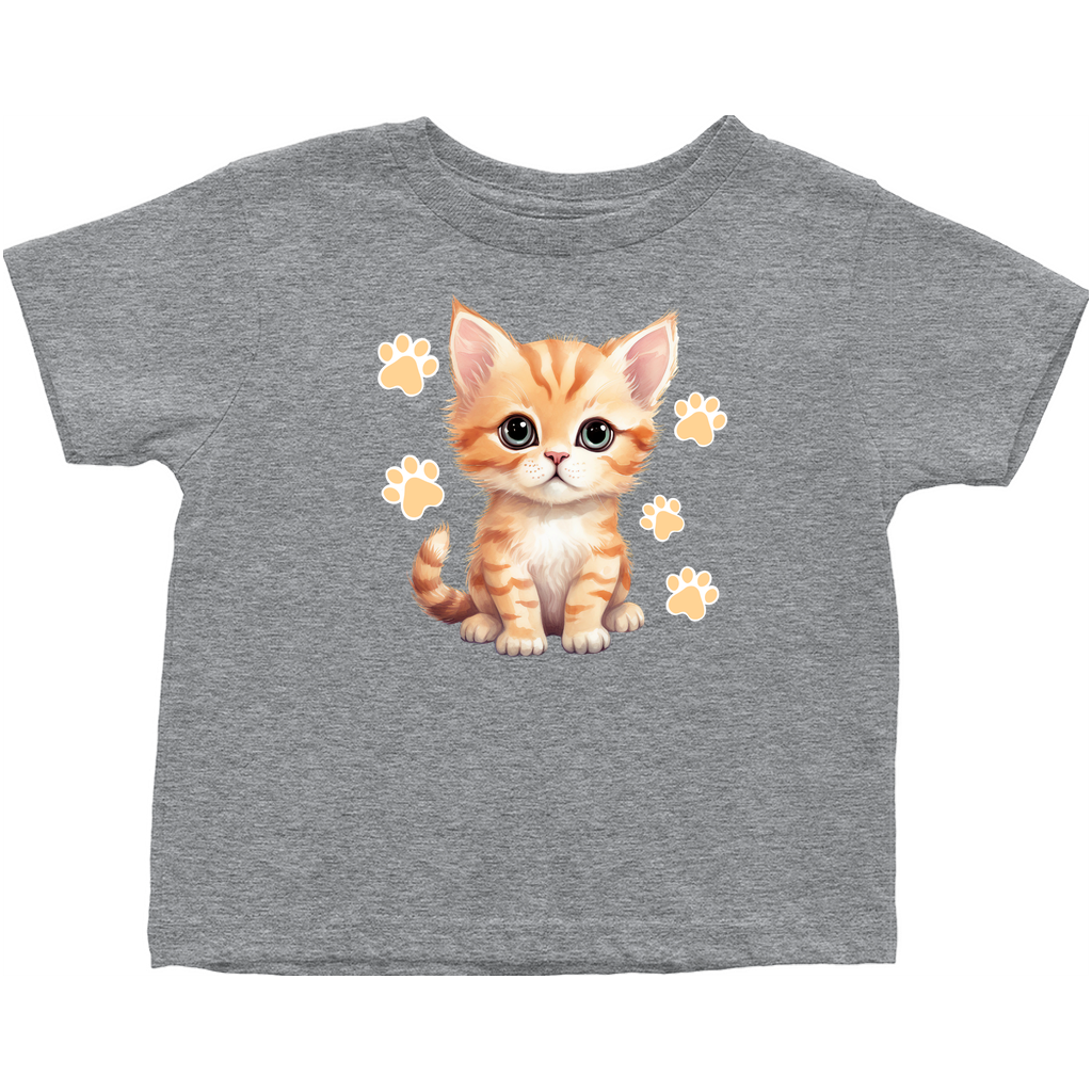 Grey toddler t-shirt with a cute orange and white cat surrounded by white paw prints and yellow flowers.