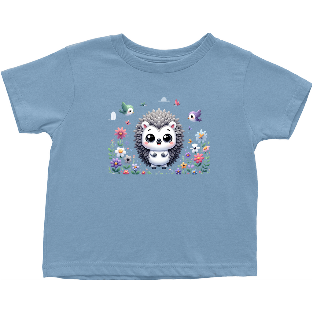 Light blue graphic tee for toddlers with a hedgehog and garden design.