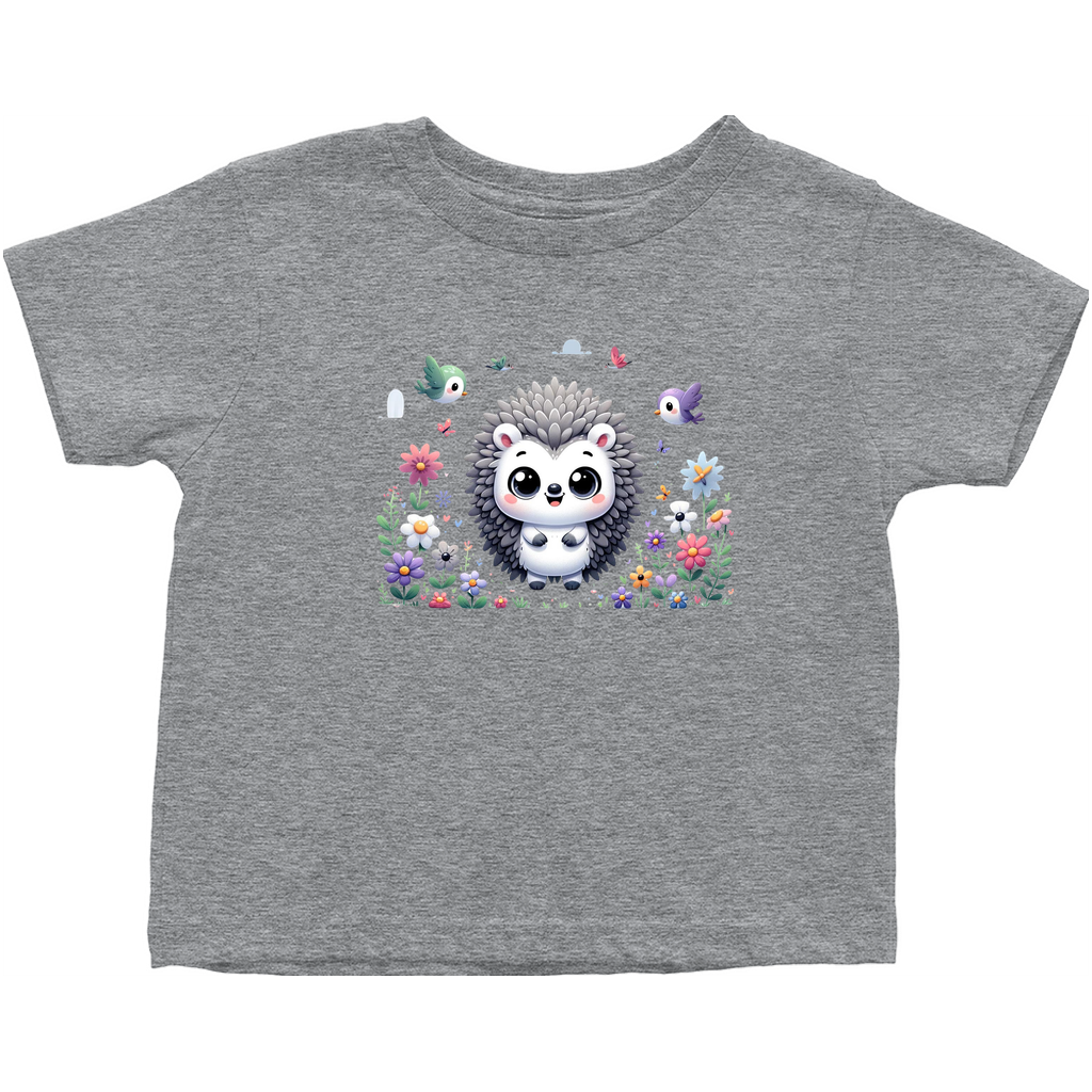 Grey graphic tee for toddler featuring a friendly hedgehog in a floral setting.