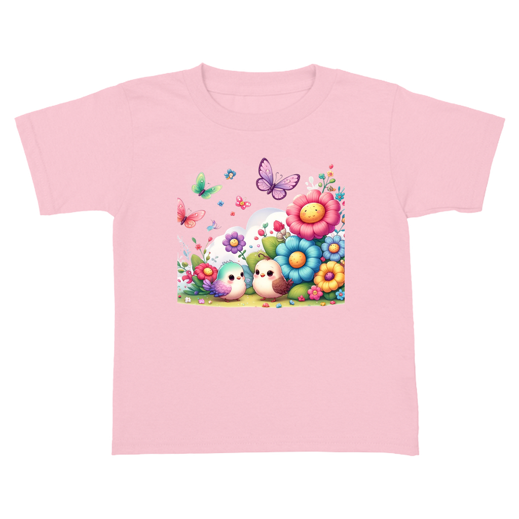 Pink toddler tee with floral and bird t-shirt graphic design