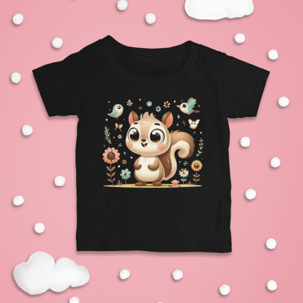 Black toddler tee with squirrel design