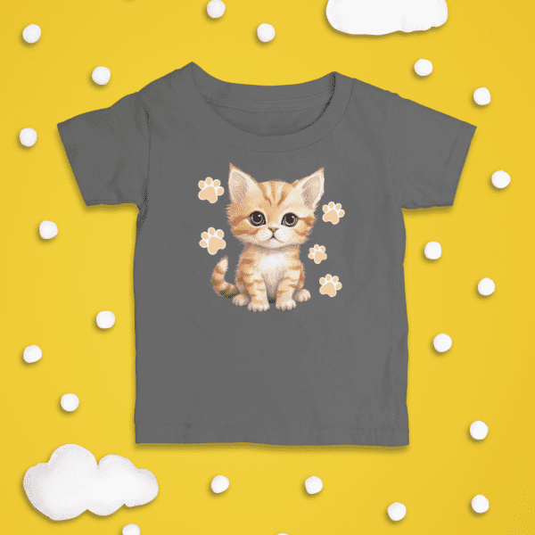 Grey toddler t-shirt with a cute orange and white cat surrounded by white paw prints and yellow flowers.