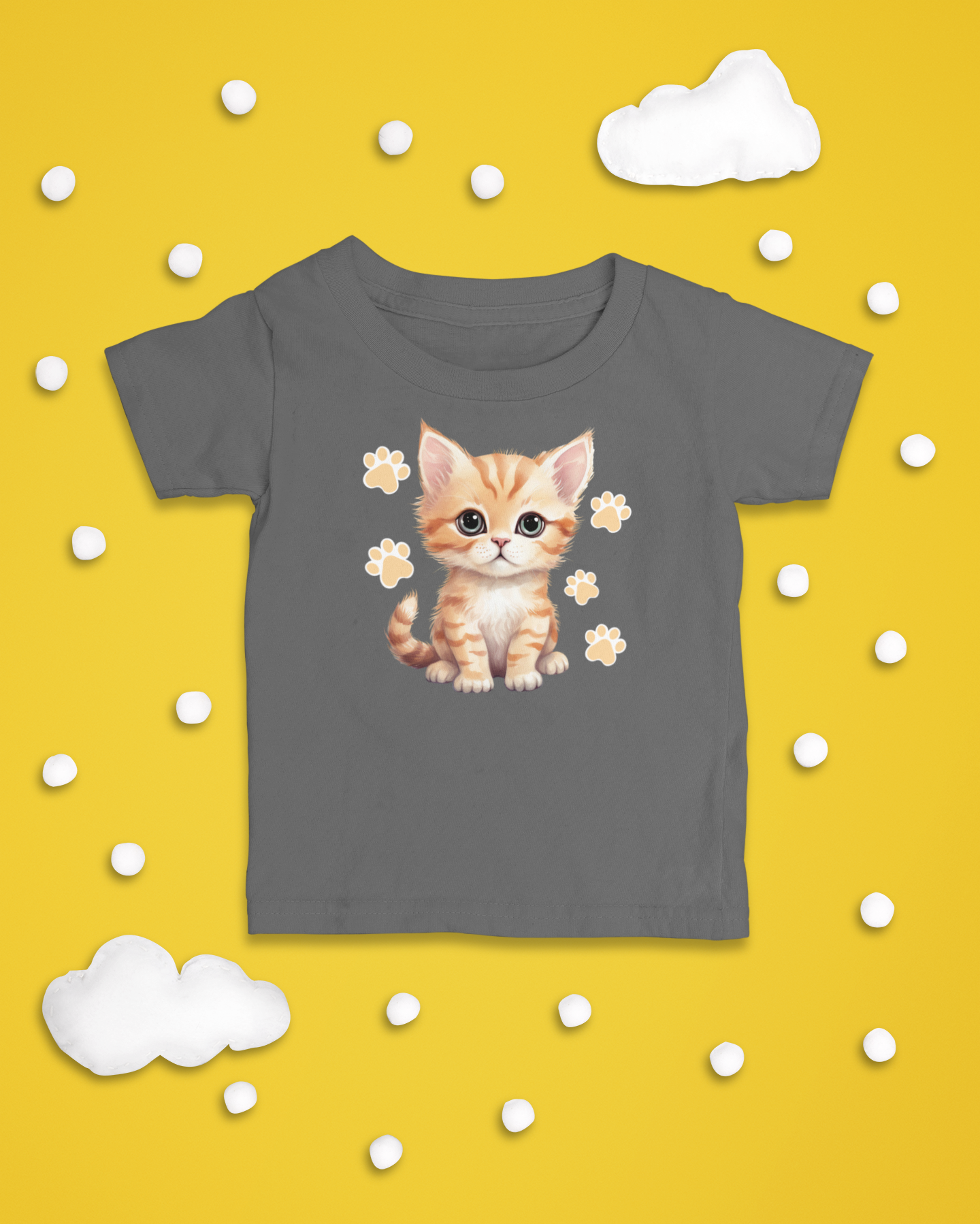 Grey toddler t-shirt with a cute orange and white cat surrounded by white paw prints and yellow flowers.