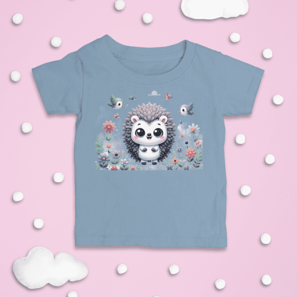 Light blue graphic tee for toddlers with a hedgehog and garden design.