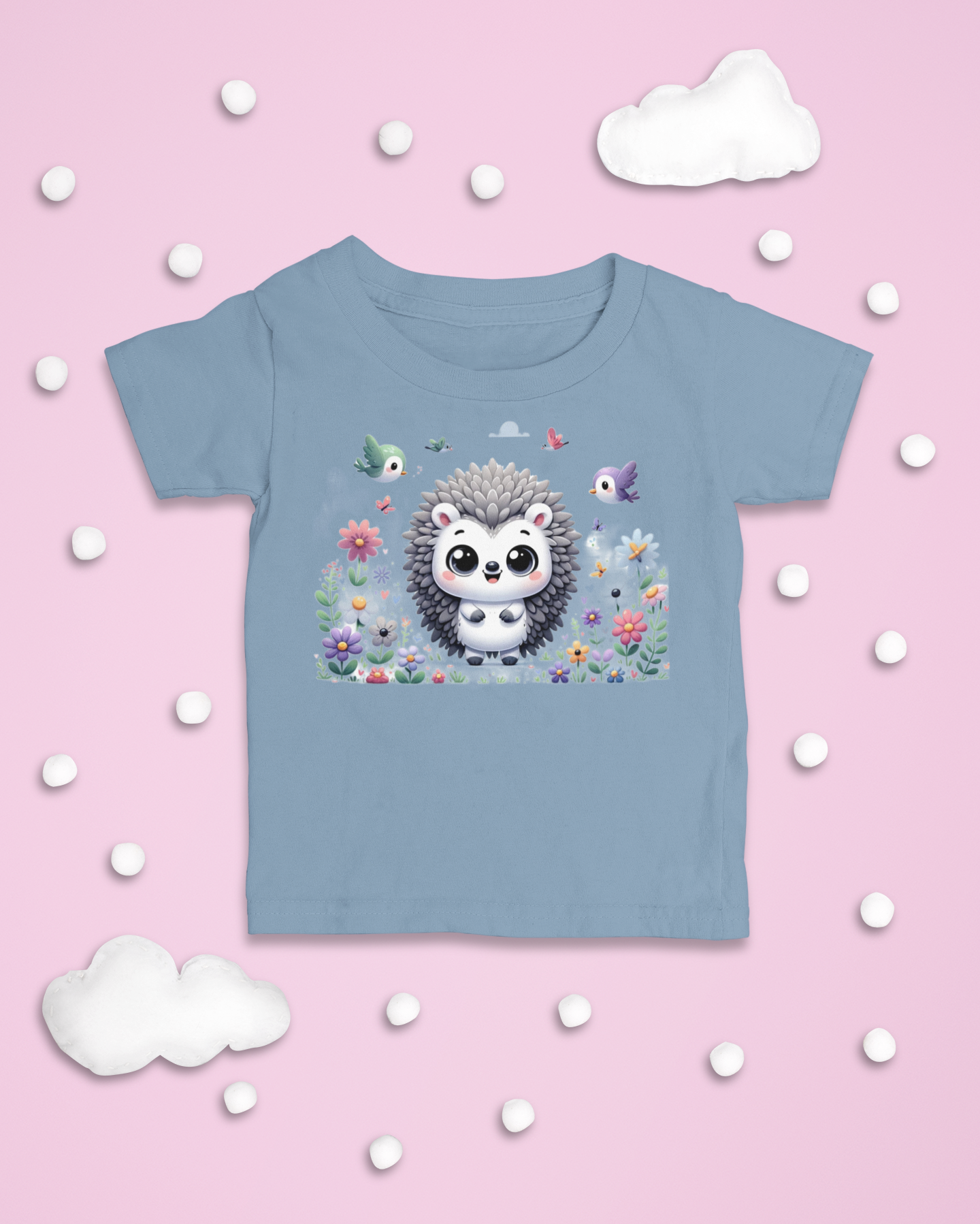 Light blue graphic tee for toddlers with a hedgehog and garden design.