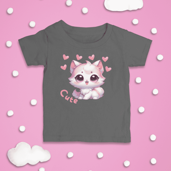 Charcoal infant graphic tee with cute cat and hearts design for toddlers.