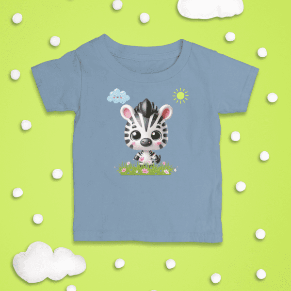 Light blue toddler graphic design tee shirt with zebra and sun graphic.