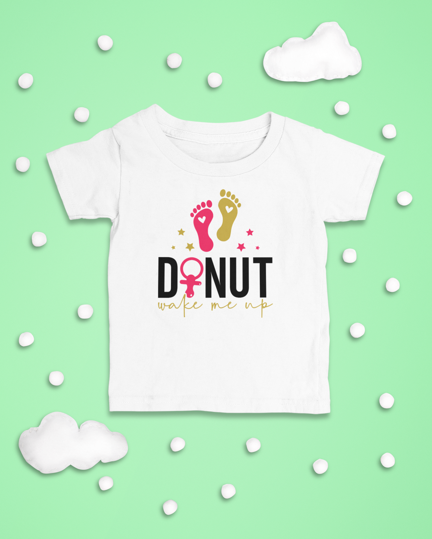 White toddler tee shirt with quote "Donut Makes Me Up"