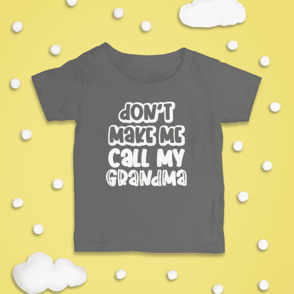 Toddler t-shirt as gift from grandma with grandma quote in charcoal on a yellow background