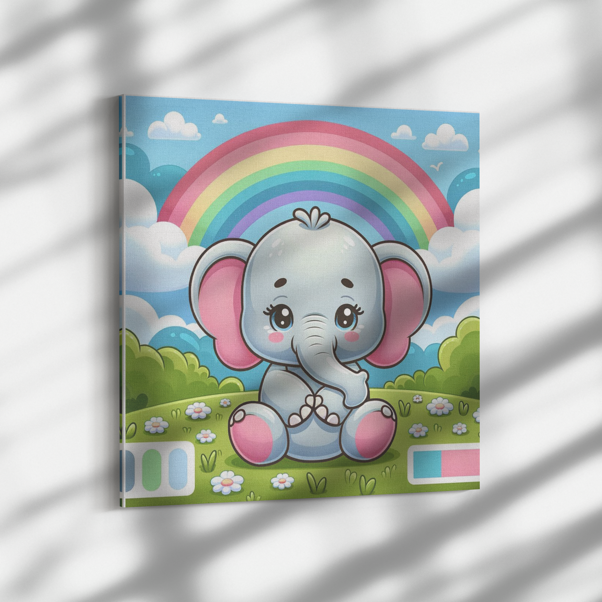 Close-up of nursery decor featuring an elephant and rainbow in pastel colors in shadow