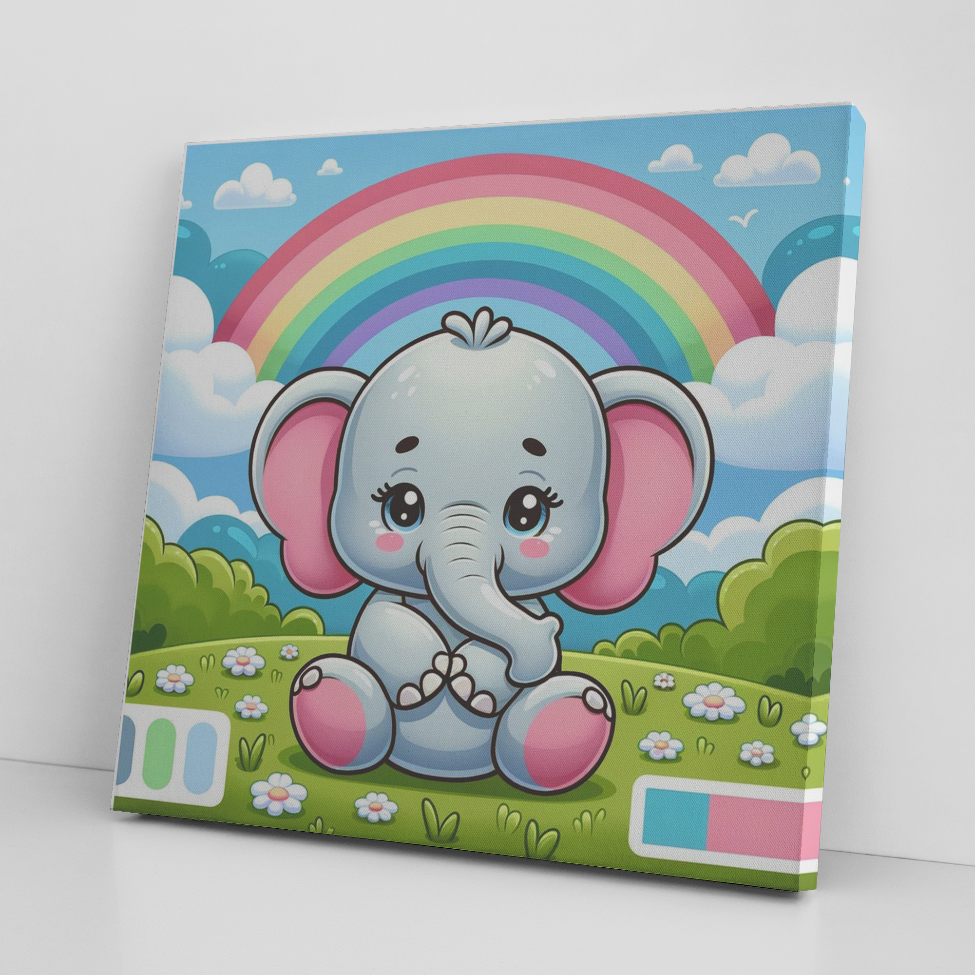 Nursery wall art with a pastel-colored elephant and rainbow theme.