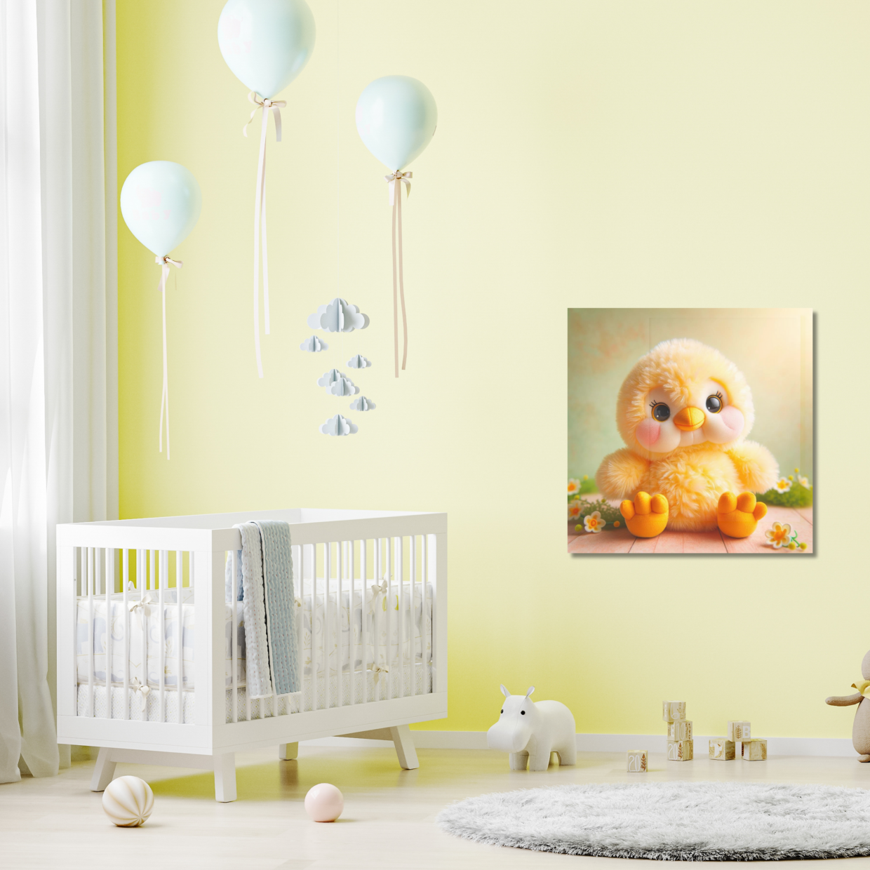 Adorable Chick wall art in a nursery setting