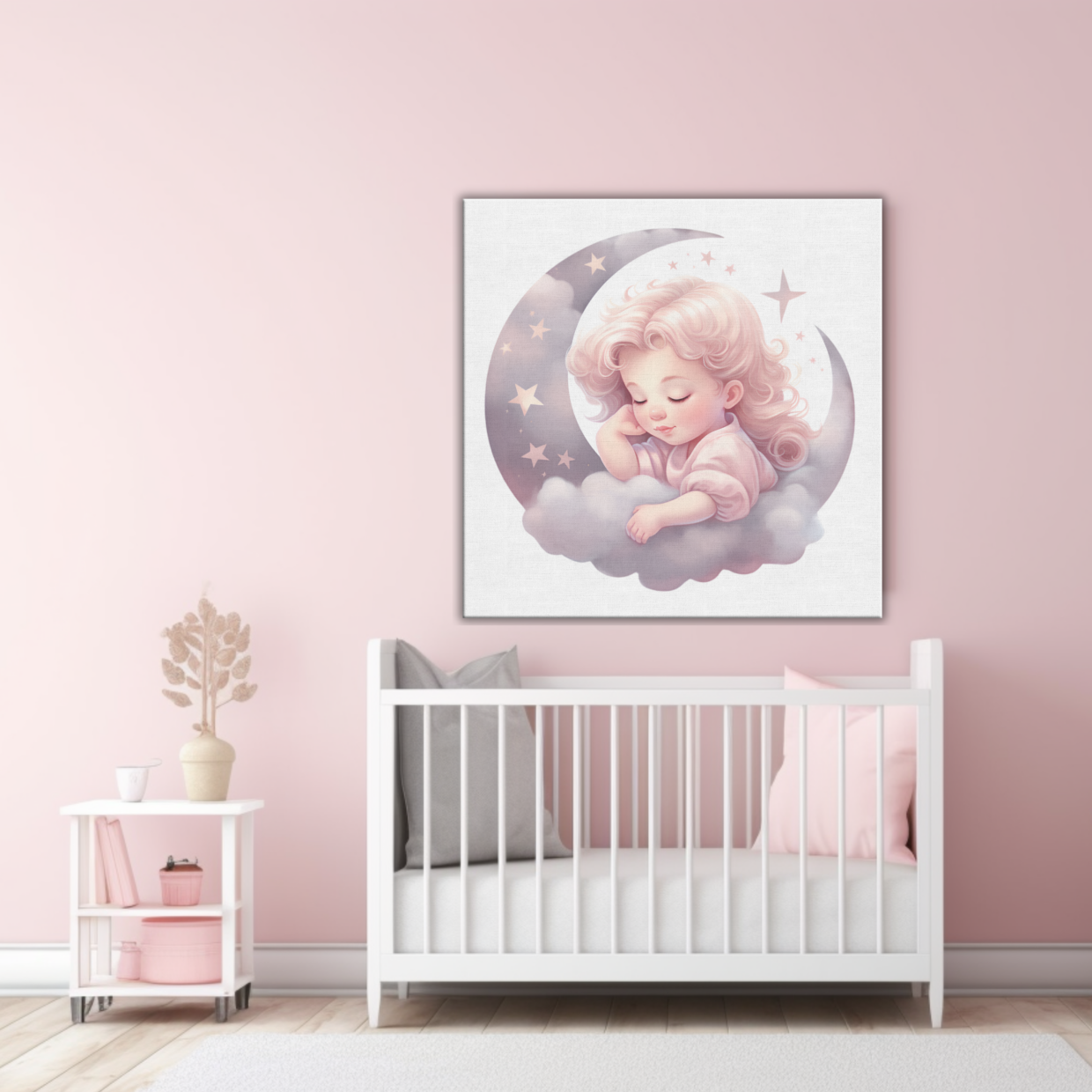 Magical Dreams Canvas Art featuring a serene girl sleeping on the moon