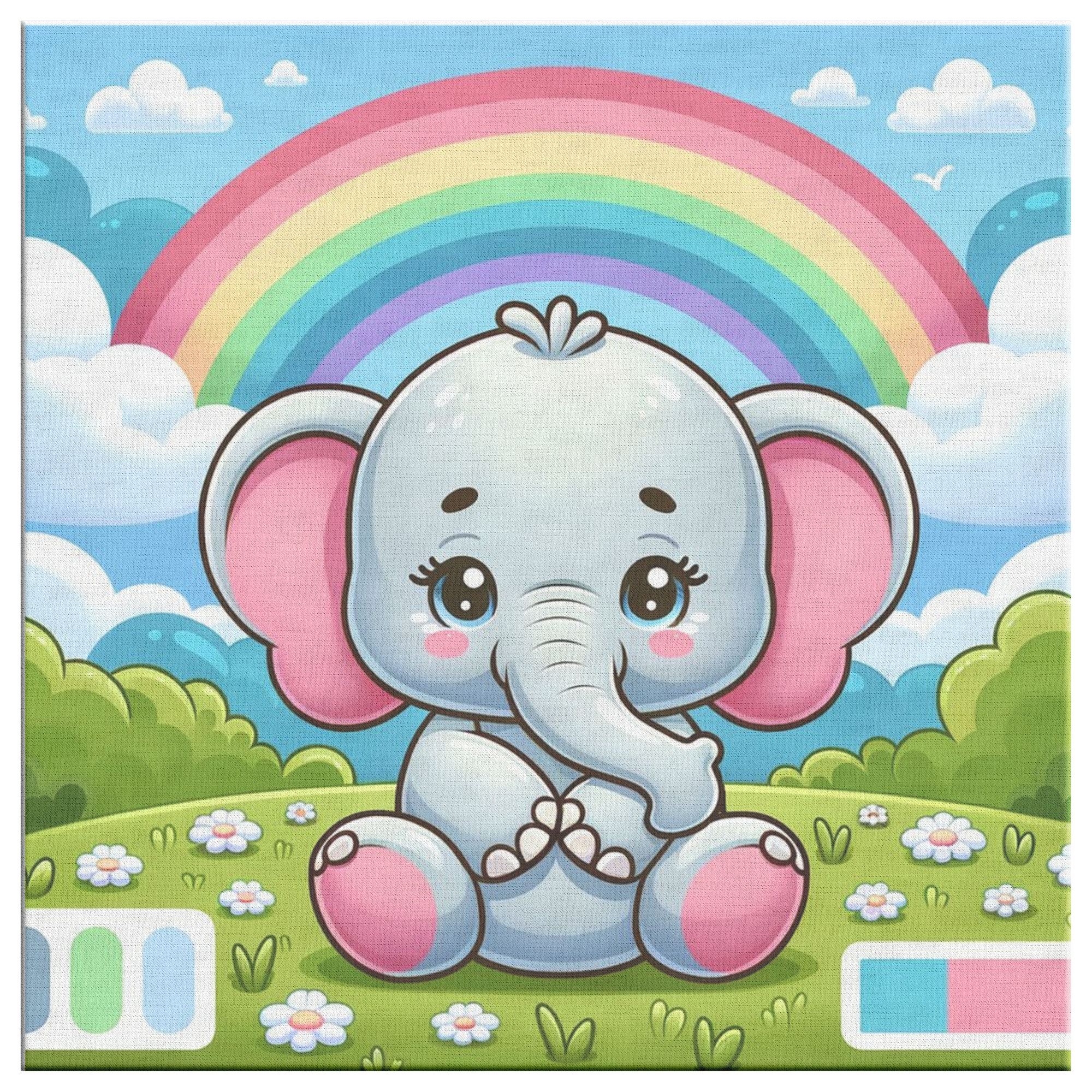 Baby room wall art featuring an elephant sitting under a rainbow