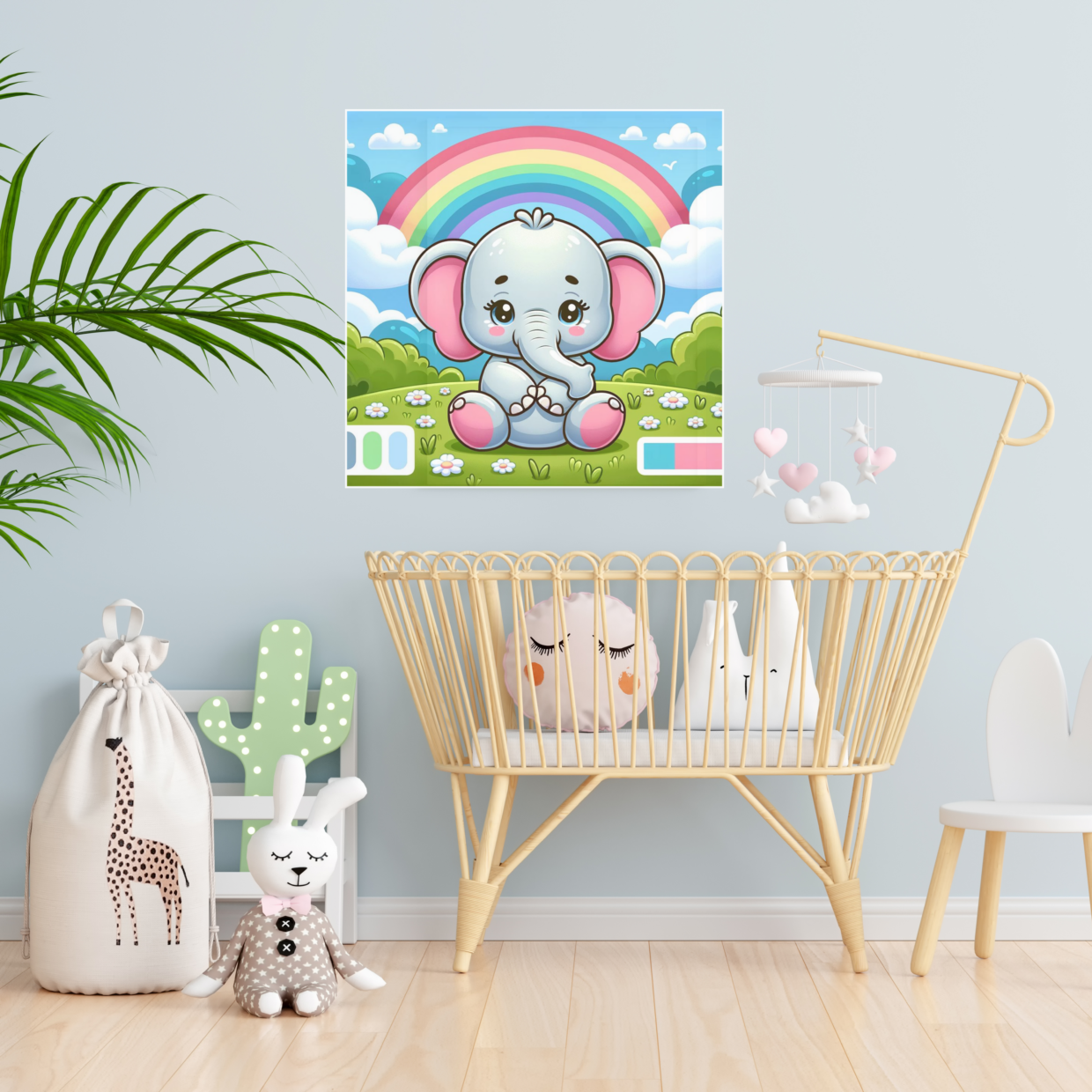 Baby room wall art featuring an elephant sitting under a rainbow with pastel colors.